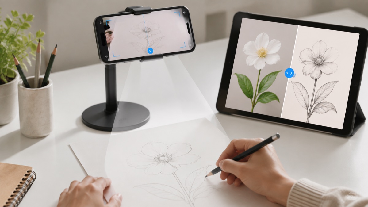tattoo drawing app app workflow on a drawing desk