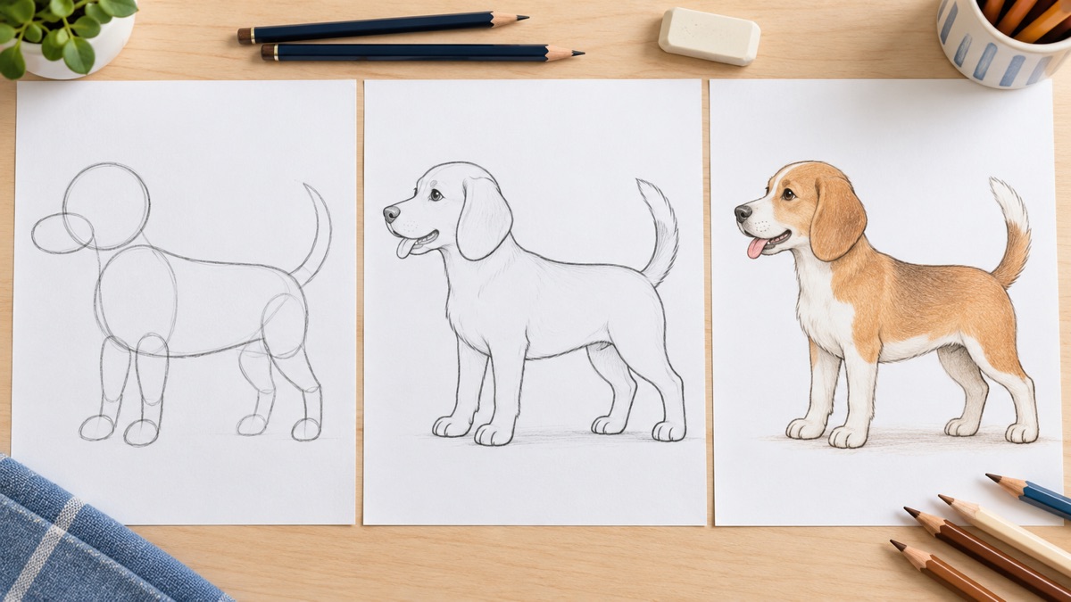 Three stages of an easy dog drawing: construction circles and ovals, clean pencil outline, and tan colored-pencil finish
