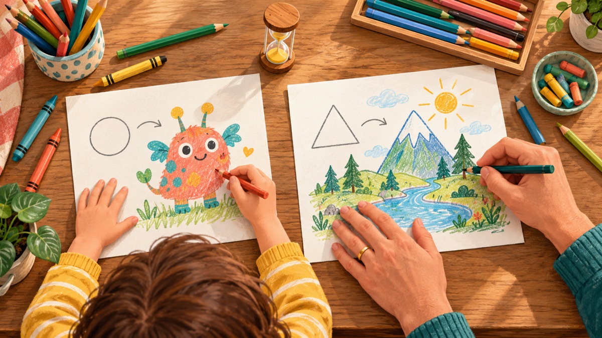 Child and parent turning simple circle and triangle shapes into a creature and mountain landscape