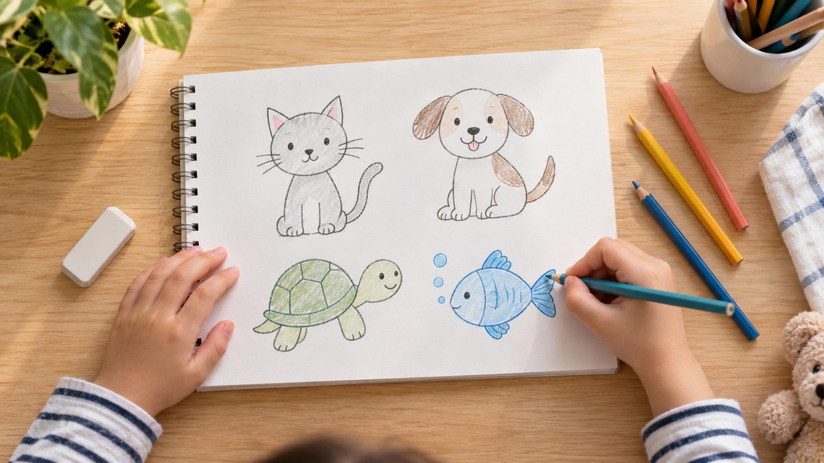 Child drawing an easy cat, dog, turtle, and fish with colored pencils
