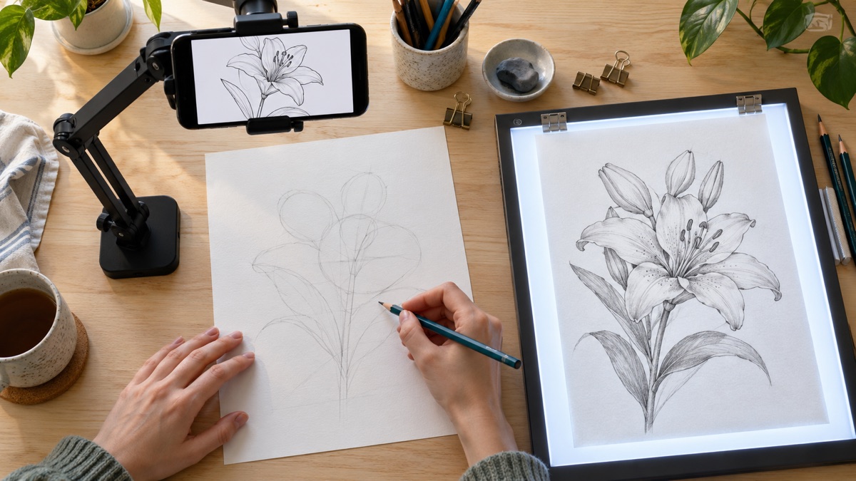 Secure phone mount, rough flower construction drawing, and clean botanical sketch on an LED lightbox