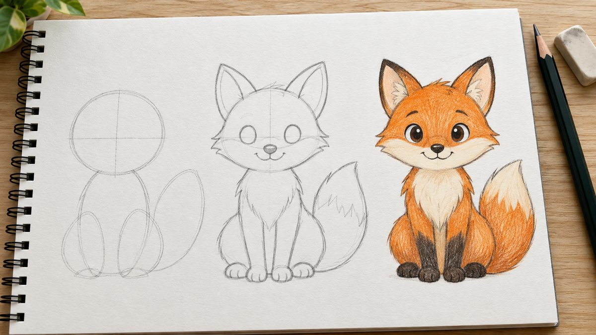 Three drawing stages showing a fox built from circles and simple shapes